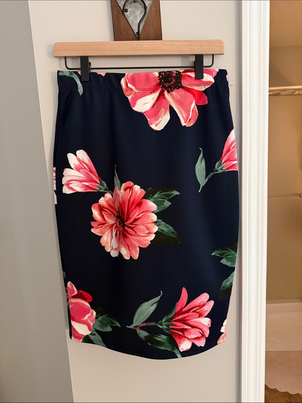 Navy Pencil Skirt with Pink Floral Print